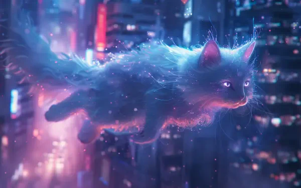 A magical neon cat floats through a vibrant, futuristic cityscape, with soft, glowing fur and enchanting eyes, creating a captivating fantasy animal scene.