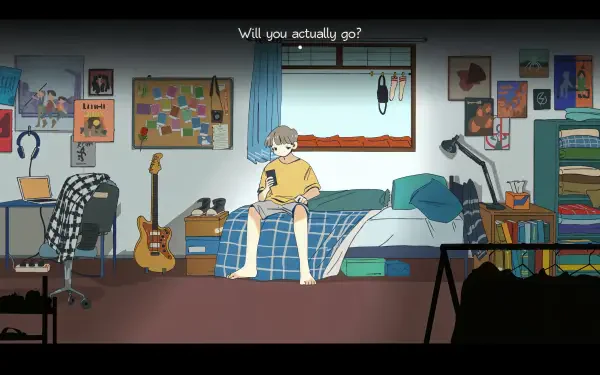 A cozy bedroom scene featuring a character on a bed, surrounded by posters and a guitar, capturing the essence of the video game Afterlove EP in a vibrant 4K Ultra HD wallpaper.