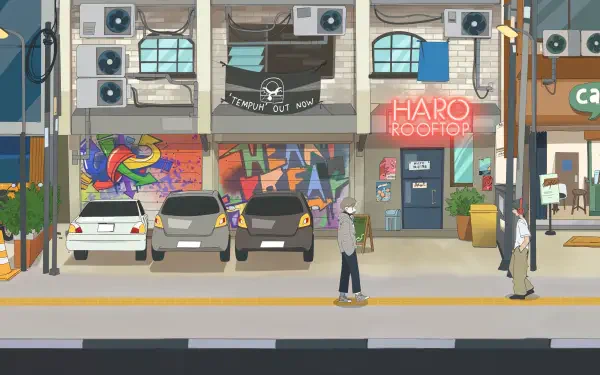 A vibrant urban scene from the video game Afterlove EP, showcasing colorful graffiti, parked cars, and two characters amid a stylized cityscape. 4K Ultra HD wallpaper quality.
