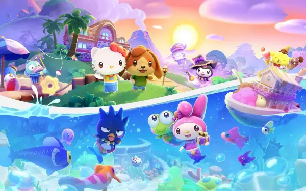 Hello Kitty Island Adventure HD PC desktop wallpaper and background: Hello Kitty and friends boating and exploring a pastel tropical island and underwater world at sunset.