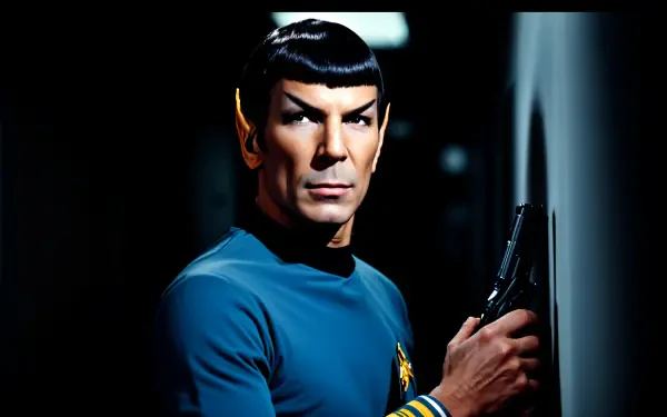 A 4K Ultra HD wallpaper featuring Spock, showcasing his iconic Vulcan features and starfleet uniform as he stands poised with a phaser in hand.