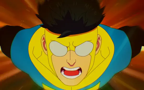 A vibrant HD wallpaper featuring Mark Grayson, the hero from the TV show Invincible, showcasing his intense expression and dynamic motion as he takes flight.