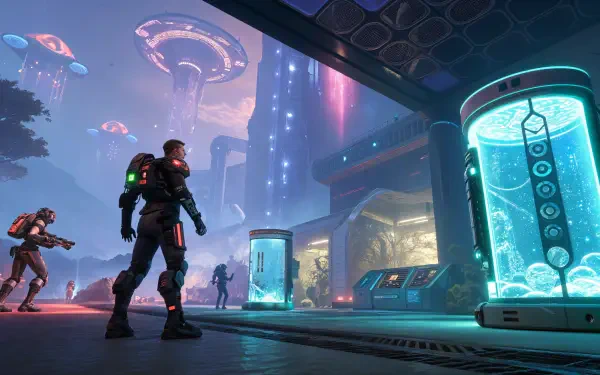 A futuristic gaming scene featuring a character in a high-tech environment, illuminated by vibrant lights and advanced technology, captured in stunning 4K Ultra HD resolution.