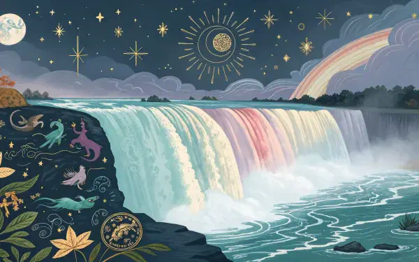 A vibrant illustration of Niagara Falls, showcasing cascading waters adorned with stars, a moon, and a rainbow, featured as a mesmerizing 4K Ultra HD desktop wallpaper.