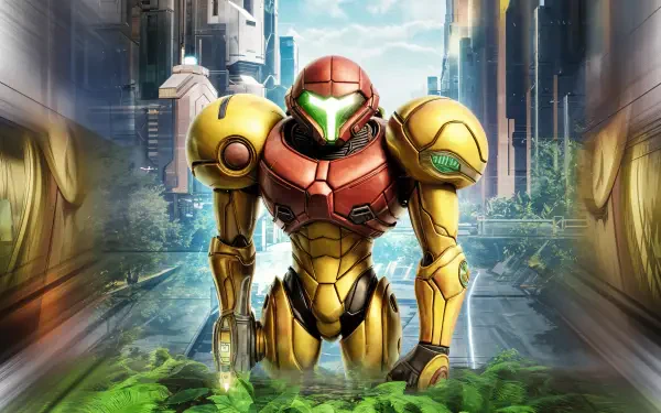 A vibrant 4K Ultra HD wallpaper featuring Samus Aran from Metroid, showcasing her iconic armored suit in a futuristic cityscape surrounded by lush greenery.