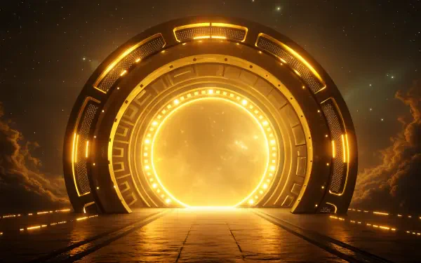 A futuristic sci-fi portal glows with golden light, framed by a sleek, circular design. This 4K Ultra HD wallpaper offers a striking, otherworldly background for any desktop.