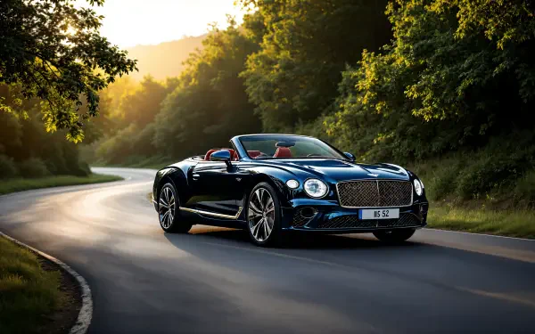 A stunning Bentley convertible glides along a winding road, framed by lush greenery and bathed in warm sunlight, captured in 4K Ultra HD for a striking desktop wallpaper.