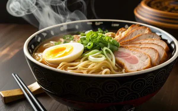 A steaming bowl of ramen topped with green onions, sliced pork, and a soft-boiled egg, presented as a stunning 4K Ultra HD PC desktop wallpaper.