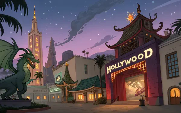 A vibrant 4K Ultra HD illustration showcasing a whimsical Hollywood scene with iconic landmarks, palm trees, and a starry sky, perfect for your desktop wallpaper.