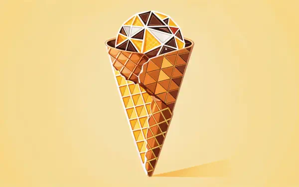 A stylized waffle cone filled with a geometric scoop of ice cream against a warm yellow background, presented as a vivid 4K Ultra HD desktop wallpaper.