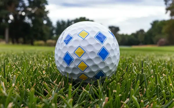 A close-up of a golf ball with blue and yellow diamond patterns sitting on lush green grass, set against a blurred background, featured as a 4K Ultra HD PC desktop wallpaper.