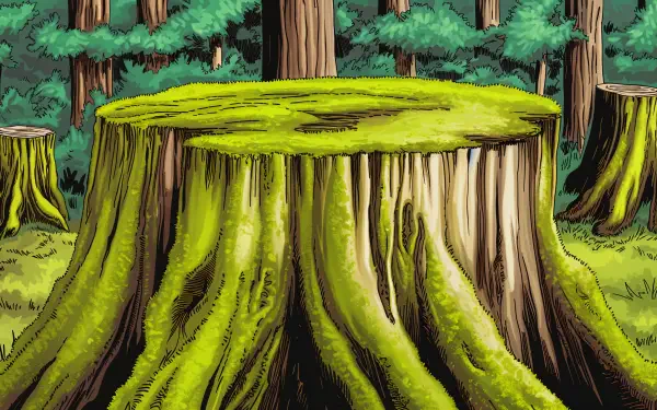 A vibrant 4K Ultra HD desktop wallpaper showcasing a moss-covered tree stump surrounded by lush green foliage, creating a serene forest atmosphere.