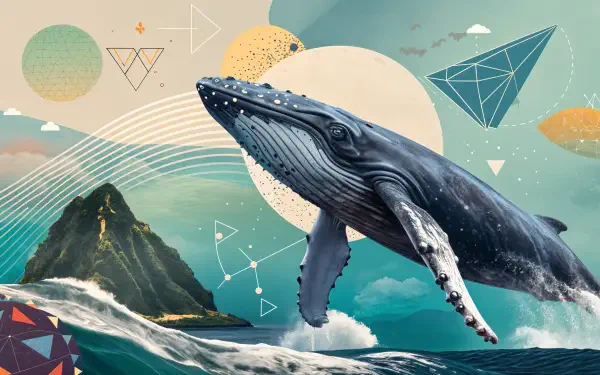 A humpback whale breaches the water against a vibrant, abstract background featuring geometric shapes and a distant island, creating a stunning 4K Ultra HD wallpaper.
