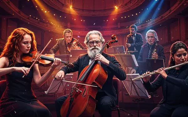 A vibrant orchestra performs on stage, featuring musicians playing various instruments, illuminated by colorful lights, set in an elegant concert hall. 4K Ultra HD desktop wallpaper quality.