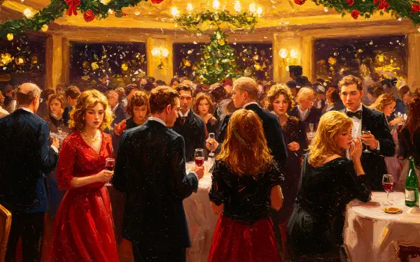 A lively holiday party scene with elegantly dressed guests, festive decorations, and a warm ambiance, captured in a 4K Ultra HD desktop wallpaper.