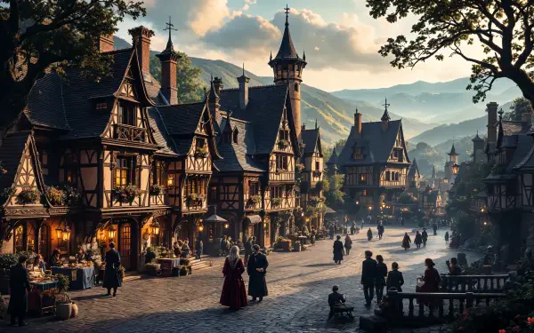 A picturesque medieval village with charming timber-framed houses, bustling streets, and rolling hills in the background, captured in stunning 4K Ultra HD detail.