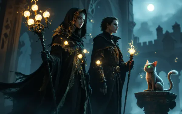 A 4K Ultra HD desktop wallpaper featuring two cloaked figures with magical orbs, standing beside a glowing cat against a mystical, moonlit backdrop.