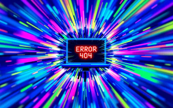 A vibrant 4K Ultra HD digital wallpaper featuring a glitch effect, showcasing a computer screen displaying ERROR 404 amidst an explosion of colorful light rays.