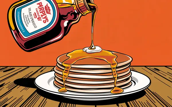 A vibrant 4K Ultra HD wallpaper featuring a bottle of maple syrup pouring over a stack of pancakes, set against an eye-catching orange background.