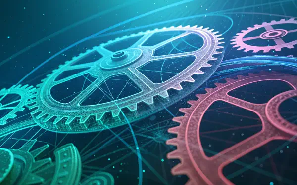 A detailed 4K Ultra HD wallpaper featuring intricate gears and machinery, illuminated by soft blue and pink tones, set against a dark, dynamic background.