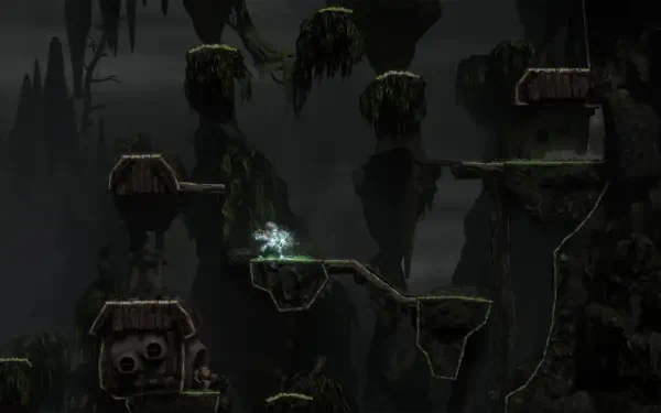 An atmospheric HD wallpaper featuring gameplay from the video game Jump King Quest, showcasing platforms amidst a dark, eerie environment.