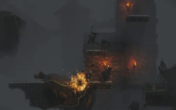 A dynamic scene from the video game Jump King Quest, featuring a character navigating through a dark, atmospheric landscape illuminated by flickering torches. HD PC desktop wallpaper.