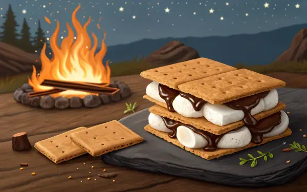 A delicious stack of s'mores sits on a slate stone, accompanied by a glowing campfire and a starry night backdrop, showcasing a cozy camping ambiance in 4K Ultra HD.