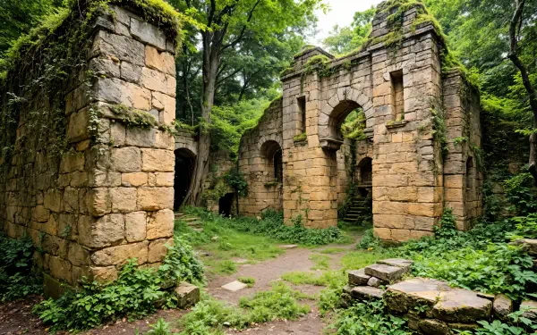 Ancient ruins covered in greenery, featuring weathered stone walls and archways, create a serene atmosphere in this 4K Ultra HD desktop wallpaper.