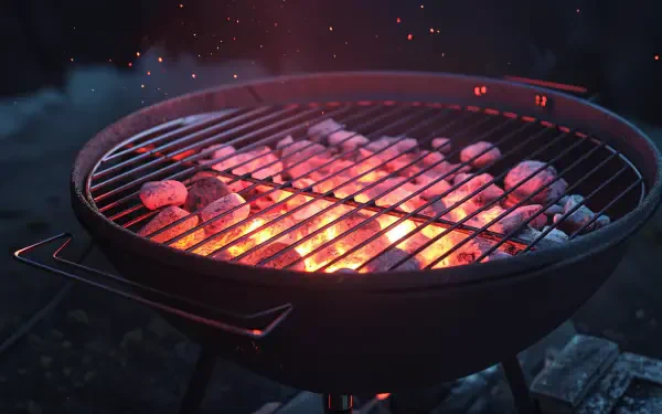 A close-up of a glowing charcoal grill, embers shimmering under the grill grate, set against a dark background, capturing the warmth and vibrancy of outdoor cooking. 4K Ultra HD wallpaper.