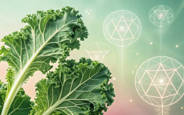 A vibrant close-up of kale leaves against a soft gradient background, featuring geometric designs that add a whimsical touch, making it a striking 4K Ultra HD desktop wallpaper.