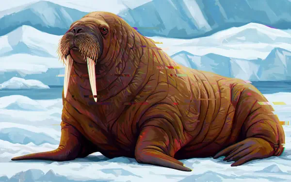 A detailed illustration of a walrus resting on ice, showcasing its distinctive tusks and textured skin, set against a backdrop of icy mountains. This serves as a striking 4K Ultra HD desktop wallpaper.