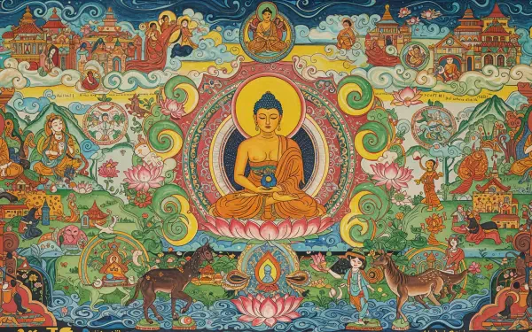 A vibrant 4K Ultra HD wallpaper depicting a serene Buddha surrounded by colorful scenes from Buddhist culture, symbolizing peace and enlightenment.