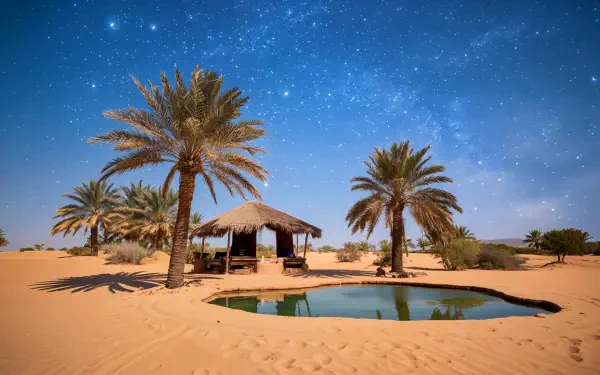 A tranquil desert oasis featuring a serene pool surrounded by palm trees and a shaded hut beneath a starry sky, captured in stunning 4K Ultra HD resolution.