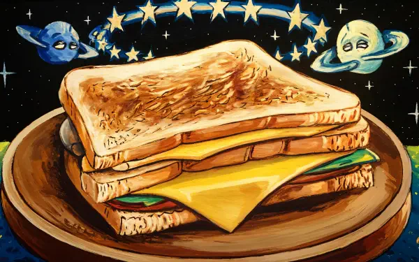 A vibrant illustration of a grilled cheese sandwich, featuring two layers of toasted bread and melted cheese, set against a whimsical cosmic background with stars and planets. 4K Ultra HD.