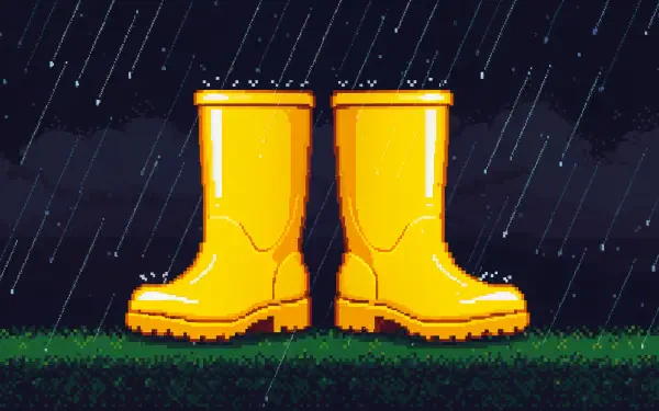 Bright yellow rain boots stand on grass under pouring rain, captured in a striking 4K Ultra HD wallpaper, evoking a vibrant, rainy day atmosphere.