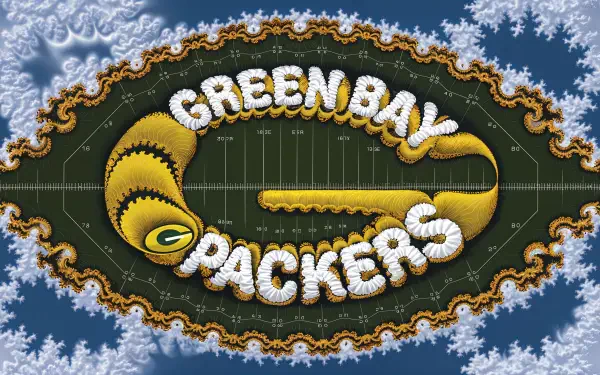 A vibrant 4K Ultra HD desktop wallpaper featuring the Green Bay Packers logo, set against a stylized football field background with a unique design.