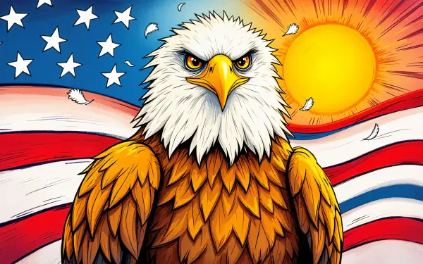 A striking bald eagle stands proudly against a backdrop of the American flag and a vibrant sun, creating a bold 4K Ultra HD wallpaper for desktops.