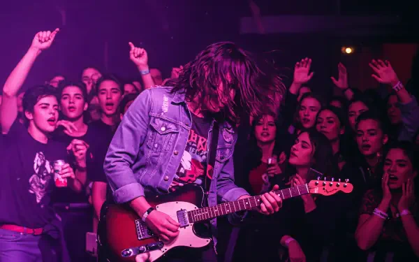 A vibrant 4K Ultra HD wallpaper captures a passionate guitar performance in a lively crowd, embodying the energy and excitement of Rock & Roll music.