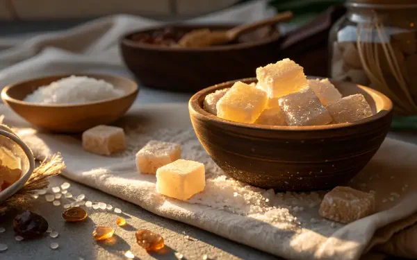 A beautifully lit arrangement of sugar, featuring cubes and granules in rustic bowls, creates an inviting backdrop for a 4K Ultra HD PC desktop wallpaper.