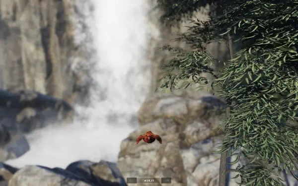 A scenic HD wallpaper featuring a waterfall and a flying chicken, inspired by the video game Unlucky Chicken, showcasing vibrant nature elements.