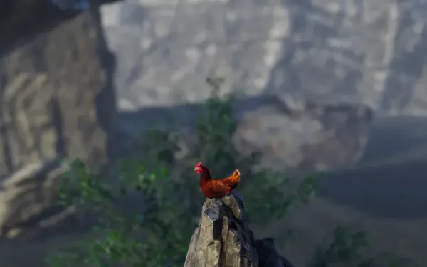 A vibrant chicken stands atop a rocky outcrop, surrounded by lush greenery, set against a backdrop of dramatic cliffs. This HD wallpaper captures the essence of the video game Unlucky Chicken.