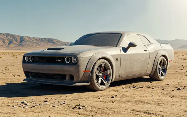 A Dodge Challenger parked on a dusty terrain, showcasing its sleek design in this 4K Ultra HD PC desktop wallpaper and background.