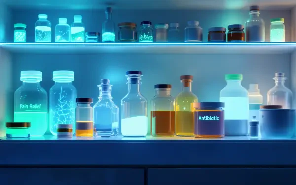 A collection of luminous medicine bottles gleams on a shelf, featuring labels like Pain Relief and Antibiotic, creating a visually striking 4K Ultra HD desktop wallpaper.
