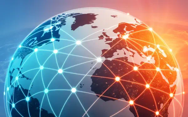 A vibrant 4K Ultra HD wallpaper featuring a digitally connected globe, illustrating the concept of the internet with glowing network connections across continents.