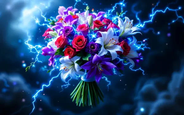 A vibrant bouquet of roses and lilies, illuminated by dramatic lightning in a dark blue background, creating a striking 4K Ultra HD desktop wallpaper.