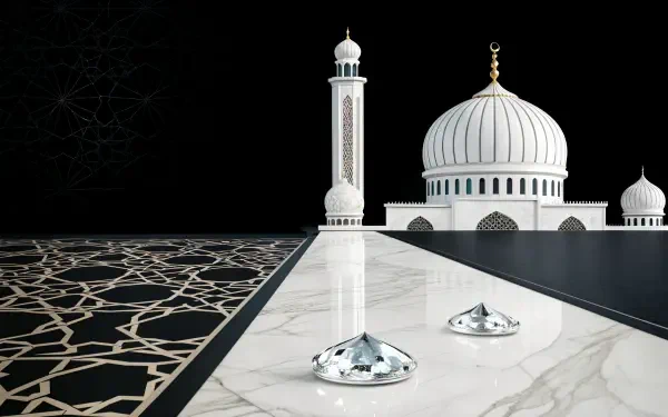 A stunning 4K Ultra HD desktop wallpaper featuring an ornate mosque with a large dome, set against a sleek black background and decorative marble patterns.