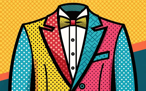 Vibrant tuxedo illustration featuring bold colors and patterns on a polka-dotted background, designed as a 4K Ultra HD PC desktop wallpaper and background.