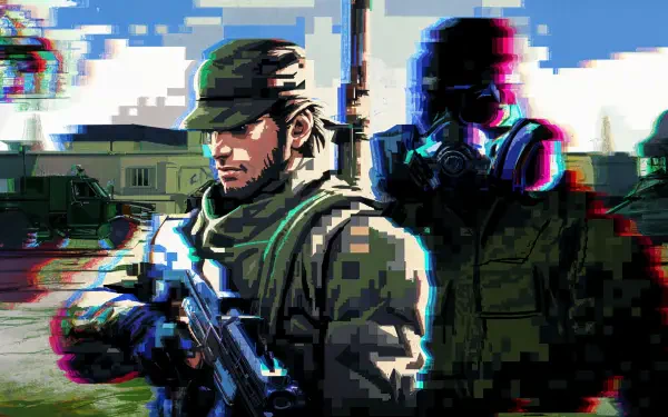 A captivating 4K Ultra HD desktop wallpaper featuring characters from Metal Gear, showcasing a soldier with a weapon and a masked figure against a vibrant, dynamic backdrop.