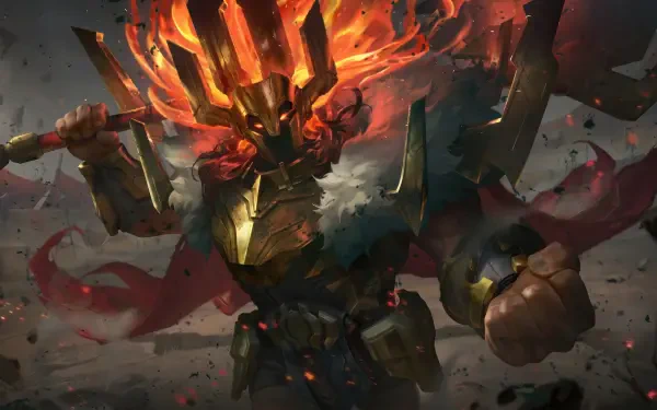 An 8K Ultra HD wallpaper featuring Mordekaiser, a fantasy warrior from League of Legends, wielding an imposing weapon with flames erupting from his crown in a dramatic scene.
