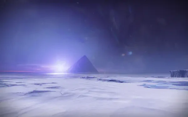 A serene, icy landscape featuring a distant mountain and a glowing light, showcasing a scene inspired by the video game Destiny 2. High-definition PC desktop wallpaper.
